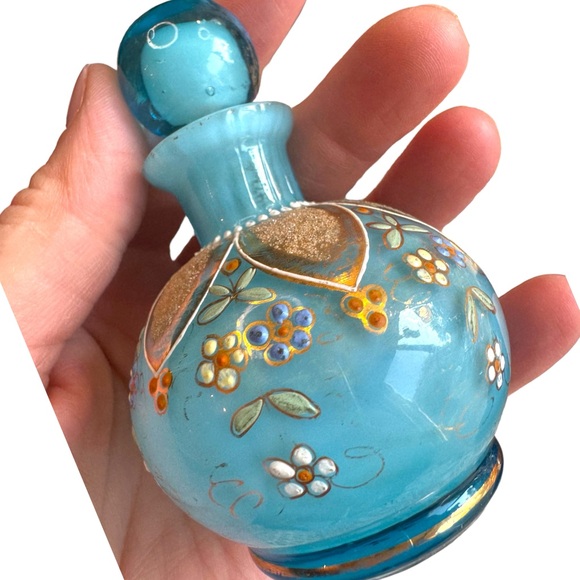 Antique Hand painted Blue Opaline French perfume bottle 4x3” - Picture 5 of 6